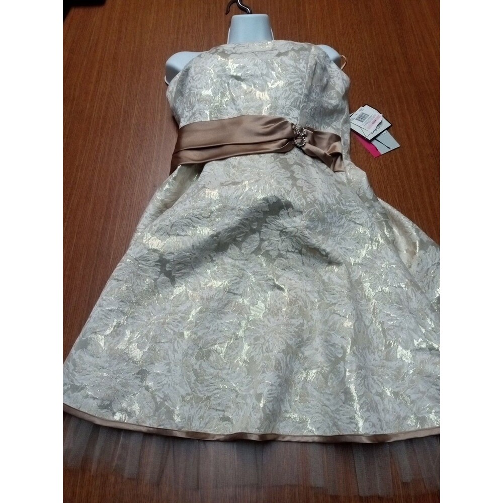 Morgan 4 Ever Women's Dress, Size 13/14 Ivory/Gold, Cotton/Polyester/Metallic